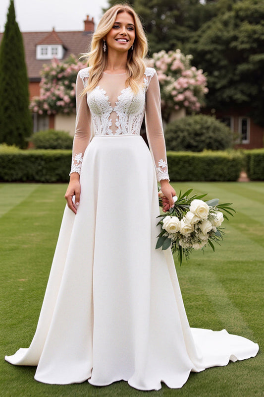 Ivory A Line Satin Illusion Neck Long Wedding Dress with Lace