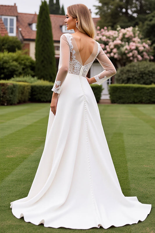 Ivory A Line Satin Illusion Neck Long Wedding Dress with Lace