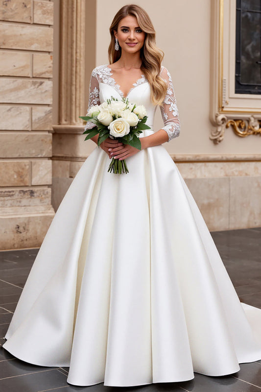 Ivory Satin Ball Gown V-Neck Long Wedding Dress with Lace