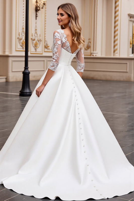 Ivory Satin Ball Gown V-Neck Long Wedding Dress with Lace