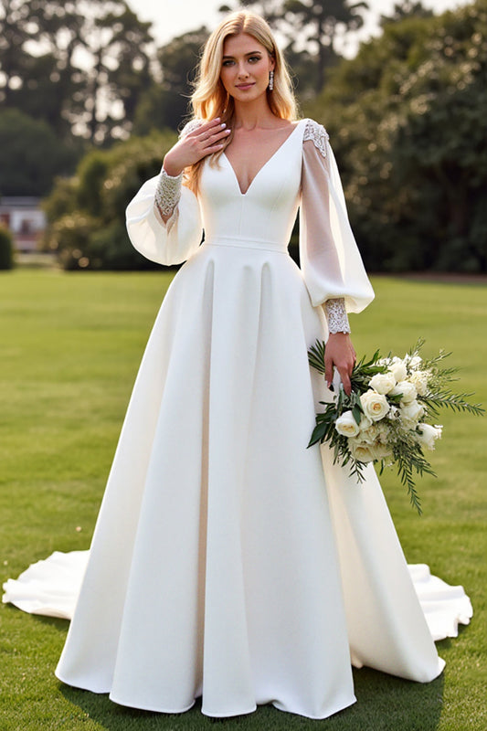 Ivory V-Neck Satin A Line Wedding Dress with Long Sleeves