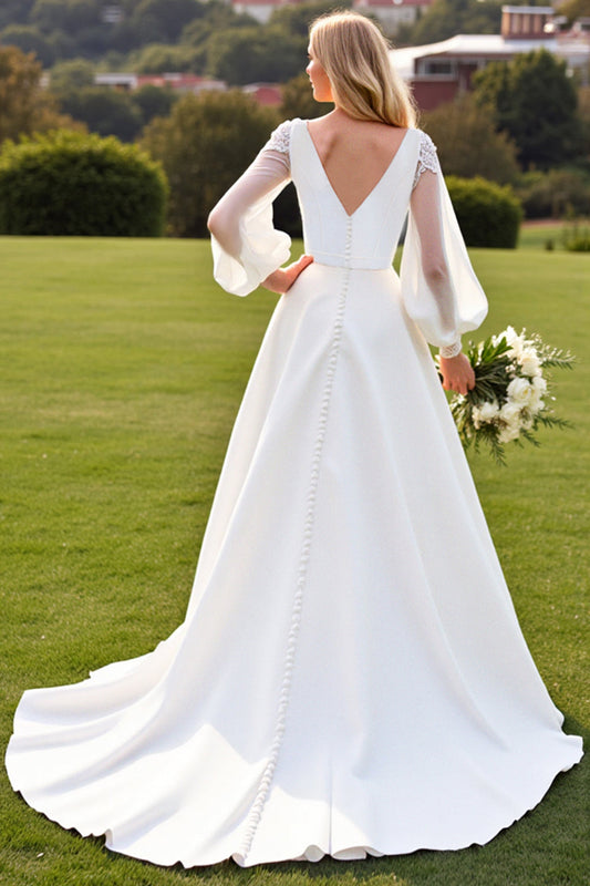 Ivory V-Neck Satin A Line Wedding Dress with Long Sleeves