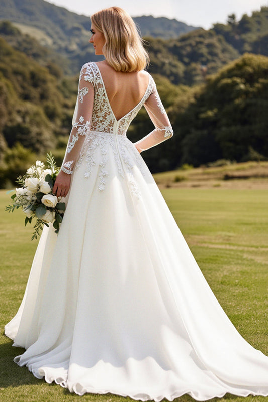 Ivory A Line Illusion Neck Long Sleeves Wedding Dress with Lace
