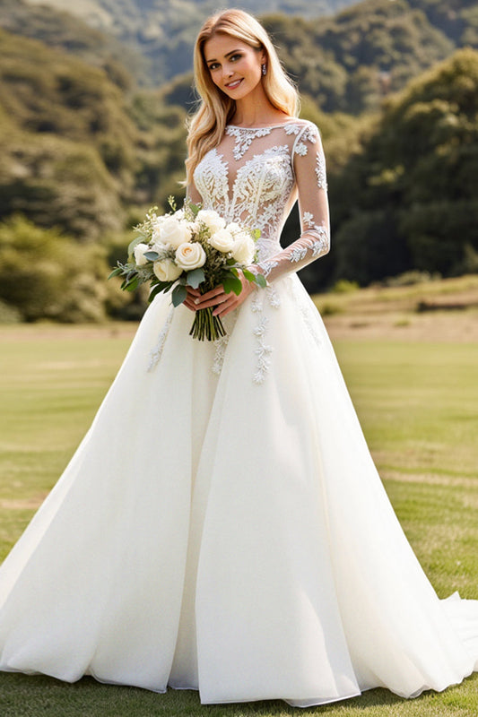Ivory A Line Illusion Neck Long Sleeves Wedding Dress with Lace