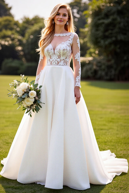 Ivory A Line Sweetheart Long Wedding Dress with Lace