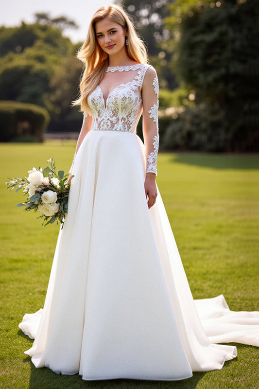 Ivory A Line Sweetheart Long Wedding Dress with Lace