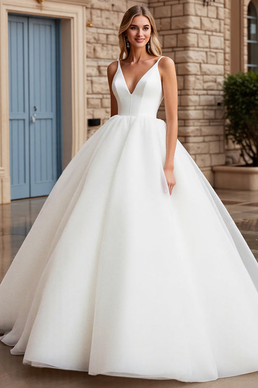 Ivory Ball Gown V-Neck Long Wedding Dress