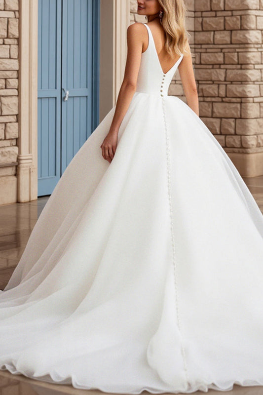 Ivory Ball Gown V-Neck Long Wedding Dress
