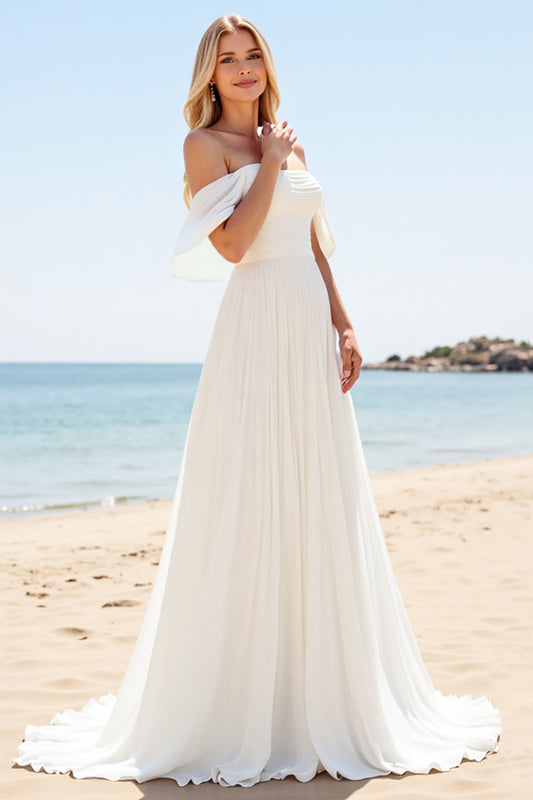 A Line Ivory Chiffon Off the Shoulder Long Wedding Dress with Slit