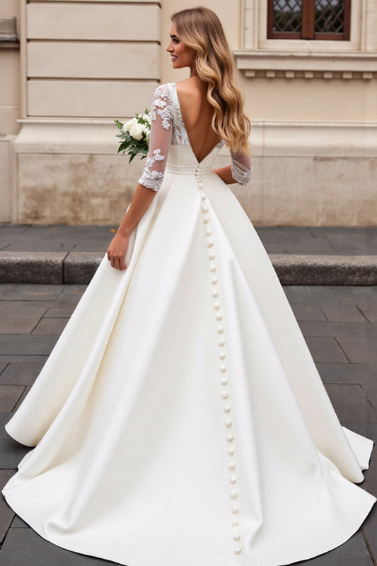 Ivory A Line Satin V-Neck Long Sleeves Wedding Dress with Lace