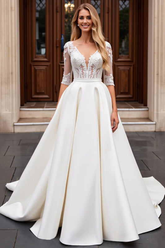 Ivory A Line Satin V-Neck Long Sleeves Wedding Dress with Lace