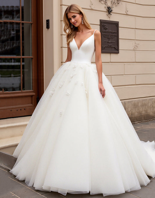 Ball Gown Ivory Organza Sweep Train V Neck Wedding Dress