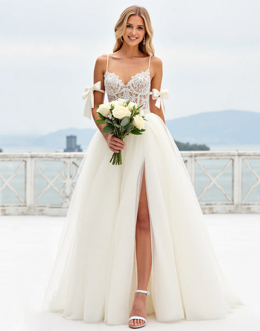 Ivory Organza Bow Ball Gown Sweep Train Wedding Dress with Slit