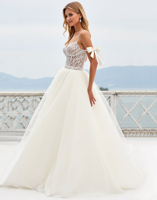 Ivory Organza Bow Ball Gown Sweep Train Wedding Dress with Slit