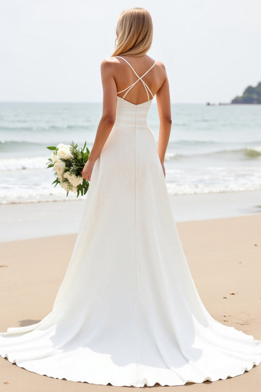 Simple White Satin Sweetheart Sweep Train Wedding Dress