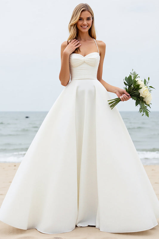 Simple Ivory A Line Spaghetti Straps Ball Gown Wedding Dress