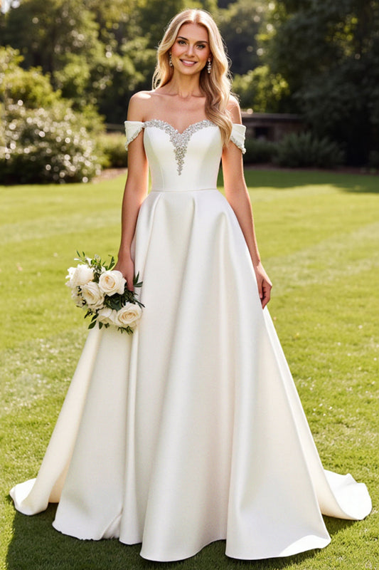 Ivory Satin Sweep Train Off the Shoulder Long Wedding Dress