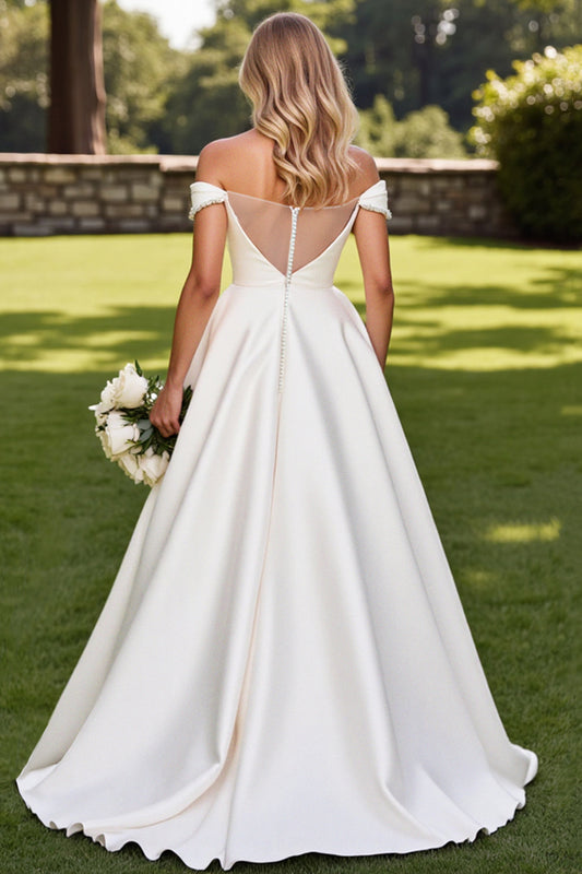 Ivory Satin Sweep Train Off the Shoulder Long Wedding Dress