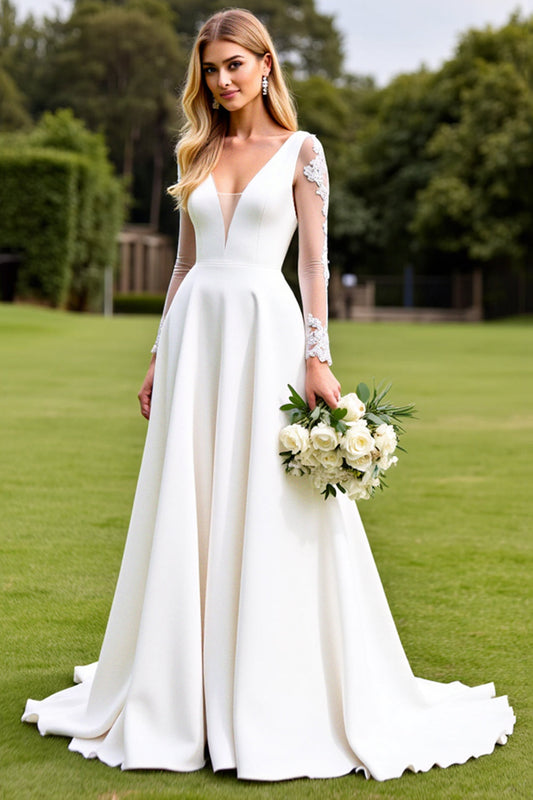 White Sweep Train Lace A Line Satin Wedding Dress