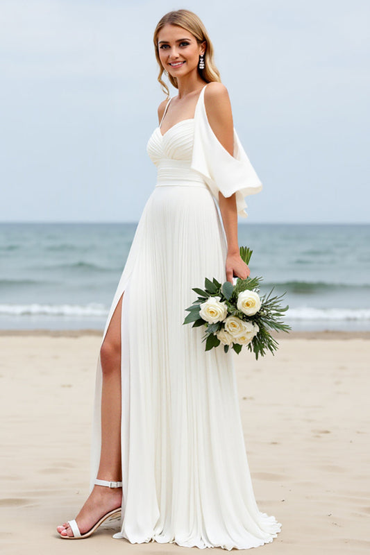 White Chiffon Cold Shoulder Sweep Train Wedding Dress with Slit