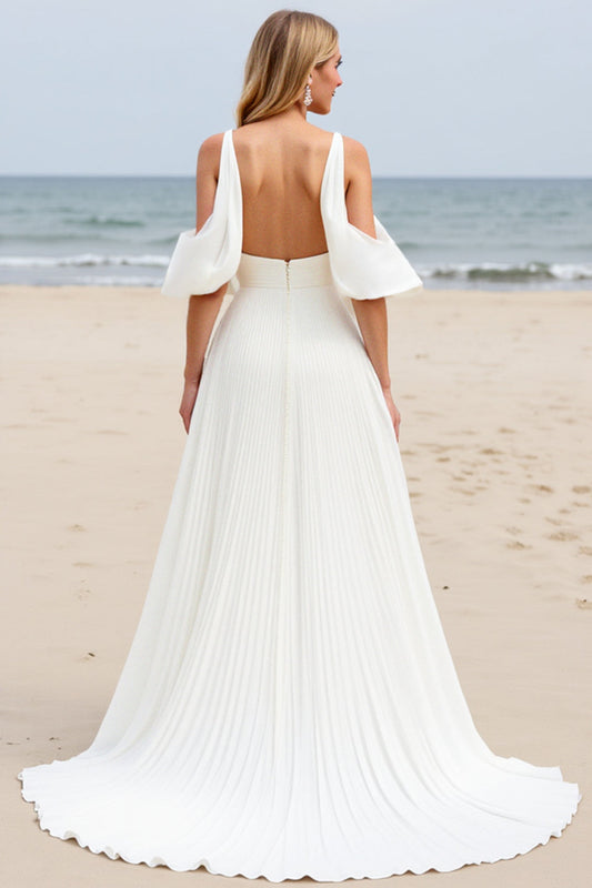 White Chiffon Cold Shoulder Sweep Train Wedding Dress with Slit