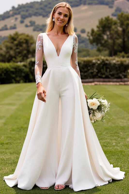 Ivory Satin Deep V-Neck Sweep Train Wedding Jumpsuits with Lace