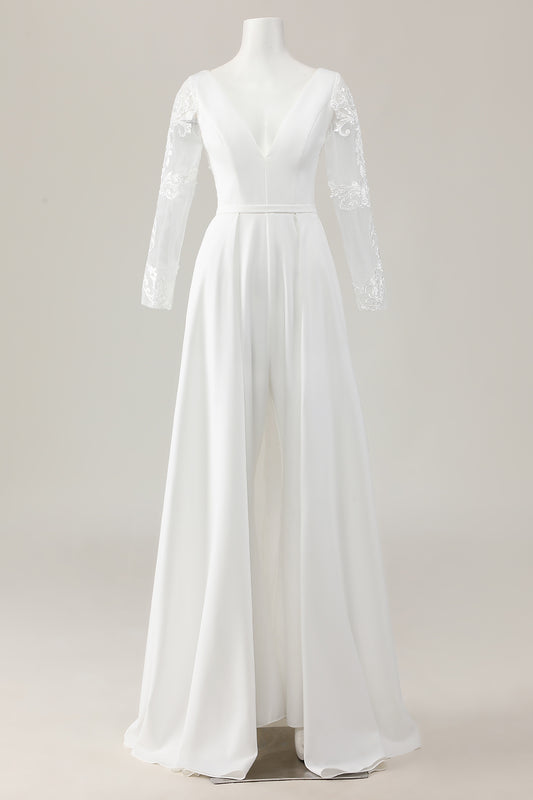 Ivory Deep V-Neck Sweep Train Satin Wedding Jumpsuits with Lace