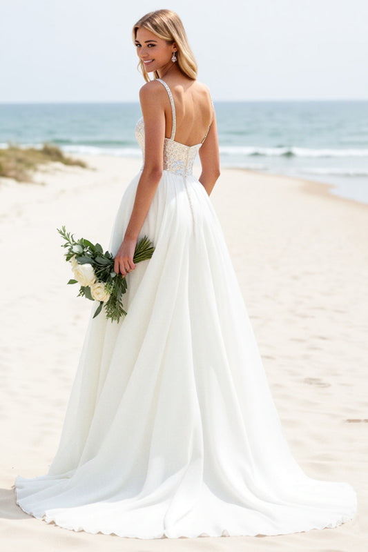 Ivory A Line Sweep Train Spaghetti Straps Boho Wedding Dress