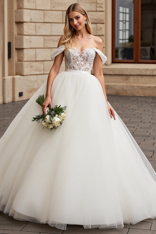 Ivory Off the Shoulder Ball Gown Long Wedding Dress with Lace
