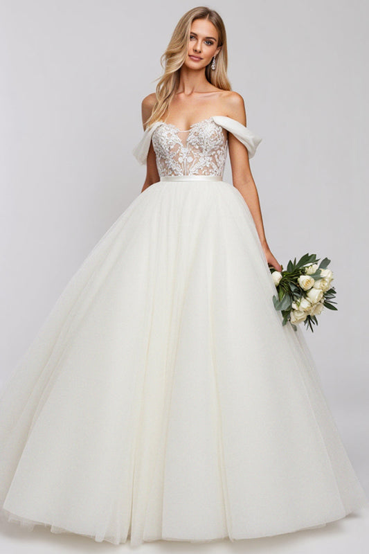 Ivory Off the Shoulder Ball Gown Long Wedding Dress with Lace