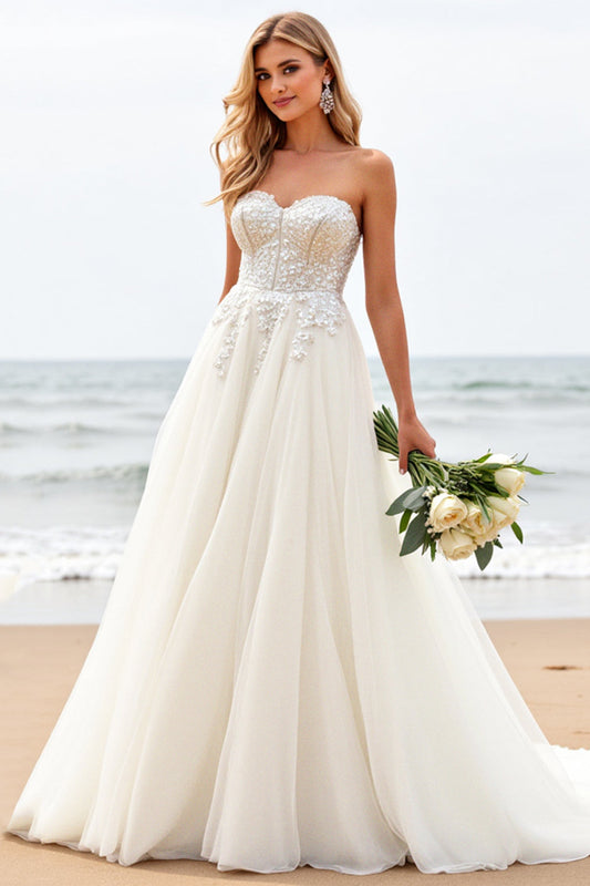 Ivory Ball Gown Strapless Sweep Train Long Wedding Dress