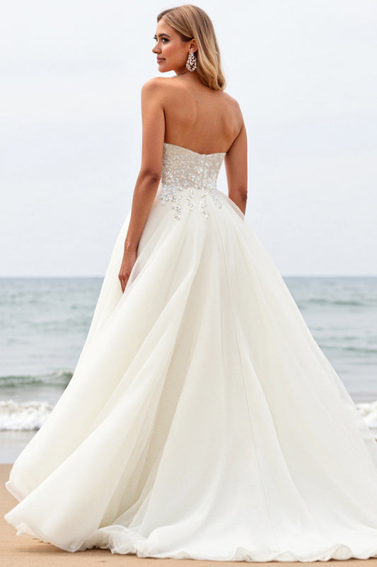 Ivory Ball Gown Strapless Sweep Train Long Wedding Dress