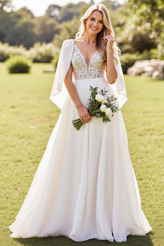 Ivory A Line Chiffon V-Neck Boho Long Wedding Dress with Cape