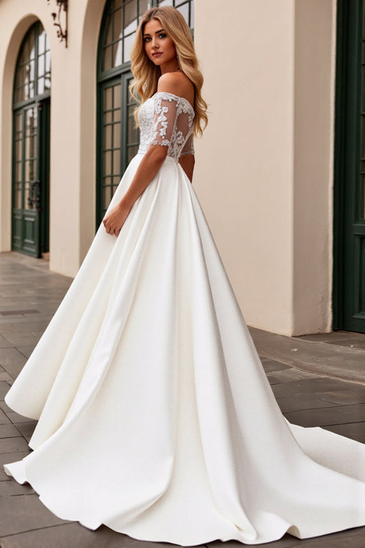 Ivory Satin A Line Long Off the Shoulder Wedding Dress with Lace
