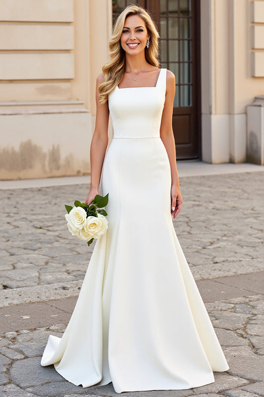 Simple Ivory Mermaid Satin Square Neck Sweep Train Wedding Dress