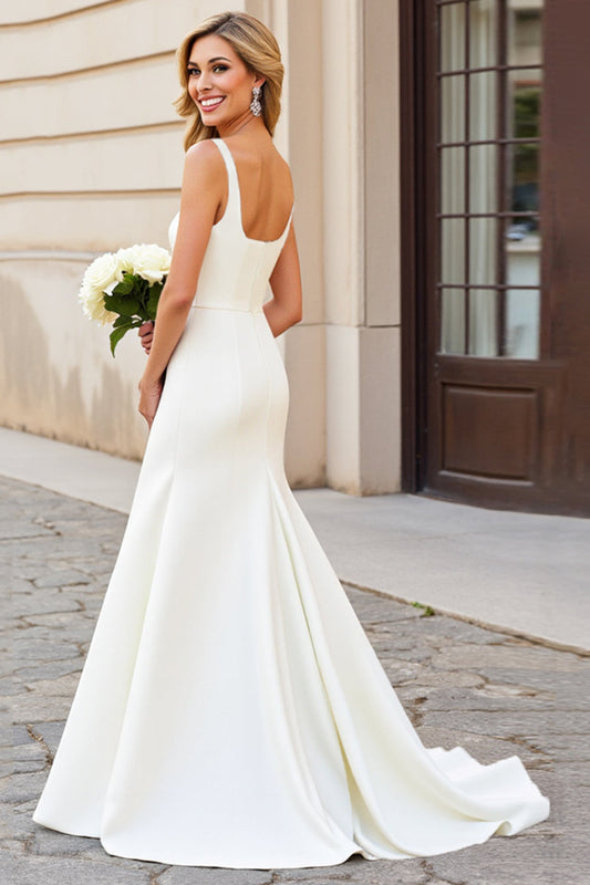 Simple Ivory Mermaid Satin Square Neck Sweep Train Wedding Dress
