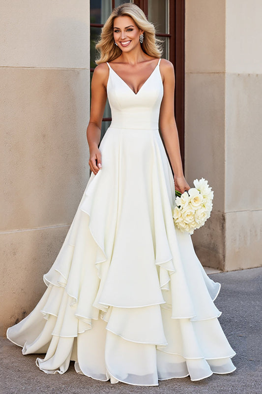 Ivory Chiffon Spaghetti Straps Long V-Neck Wedding Dress with Ruffles