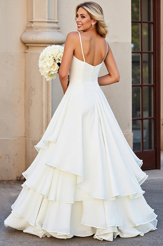 Ivory Chiffon Spaghetti Straps Long V-Neck Wedding Dress with Ruffles
