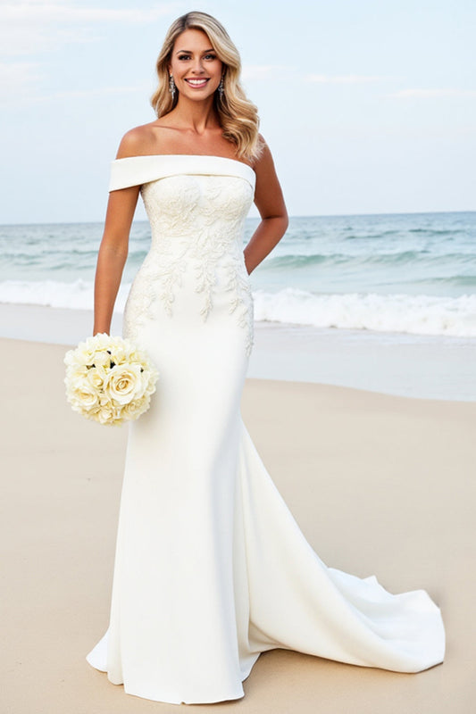 White One Shoulder Satin Sweep Train Wedding Dress with Appliques