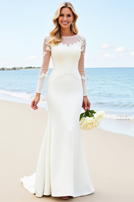 Ivory Illusion Neck Sweep Train Wedding Dress with Lace Sleeves