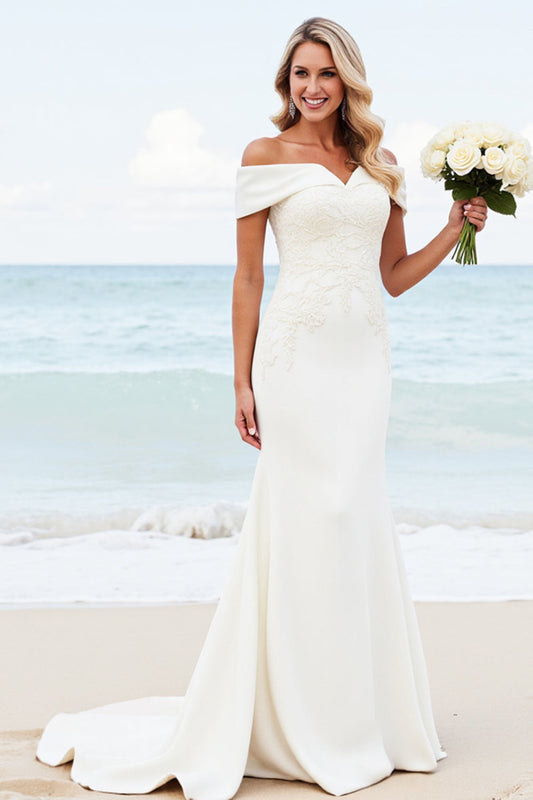 Ivory Off the Shoulder Satin Sweep Train Mermaid Wedding Dress
