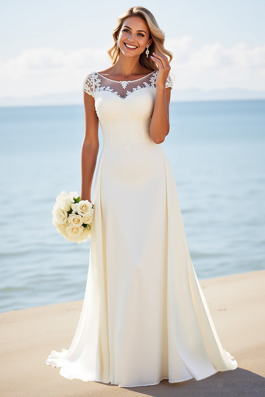 Ivory Illusion Boat Neck Sweep Train Long Wedding Dress