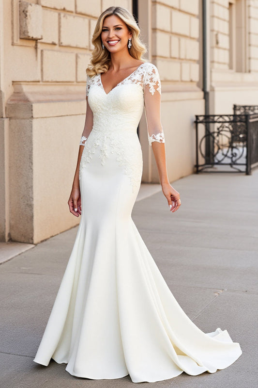 Ivory Satin V-Neck Sweep Train Mermaid Wedding Dress with Lace