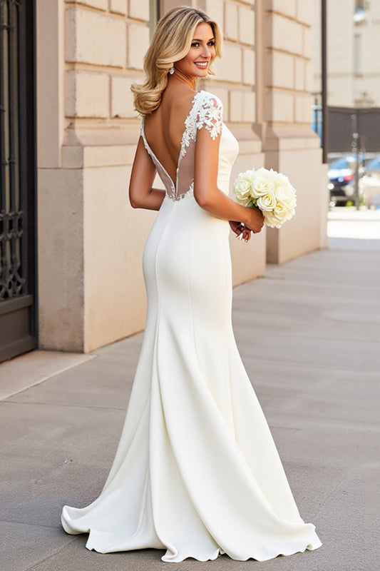 Ivory Satin V-Neck Sweep Train Mermaid Wedding Dress with Lace