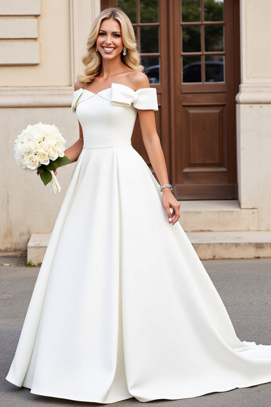 Simple Ivory Satin Ball Gown Sweep Train Wedding Dress