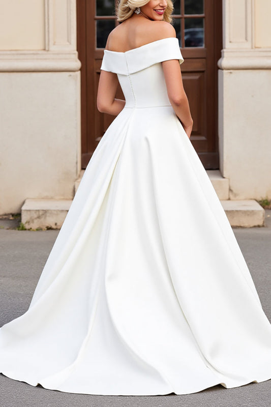 Simple Ivory Satin Ball Gown Sweep Train Wedding Dress