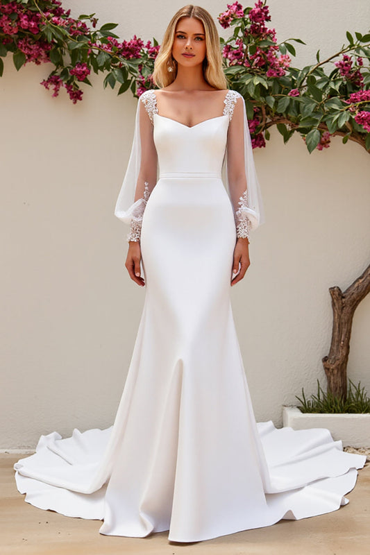 Ivory Satin Mermaid Sweep Train Wedding Dress with Long Sleeves