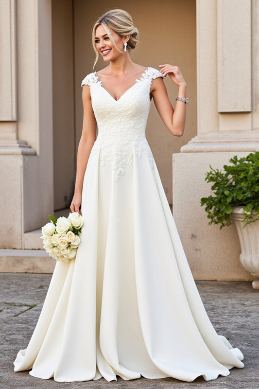 Ivory Satin A Line V-Neck Long Appliques Wedding Dress