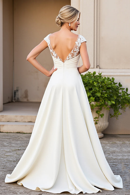 Ivory Satin A Line V-Neck Long Appliques Wedding Dress