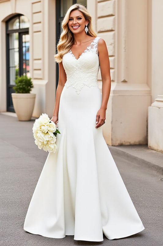 Lace Ivory Mermaid Satin Sweep Train Backless Wedding Dress